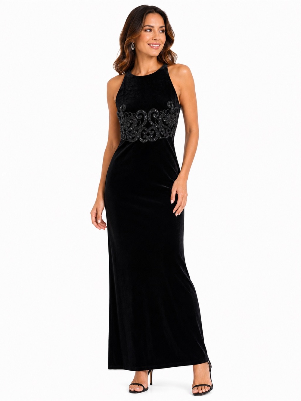 Élégant Black Velvet Beaded Evening Dress. Ptp16.5